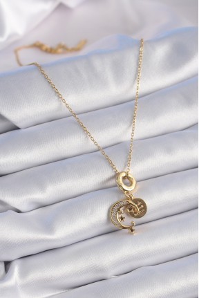 316l çelik Gold Renk Zirkon Taşlı Ay Yıldız  Model Charm Model Kadın Kolye