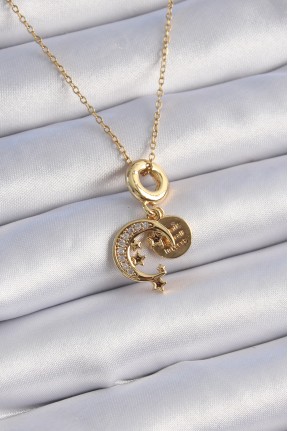 316l çelik Gold Renk Zirkon Taşlı Ay Yıldız  Model Charm Model Kadın Kolye