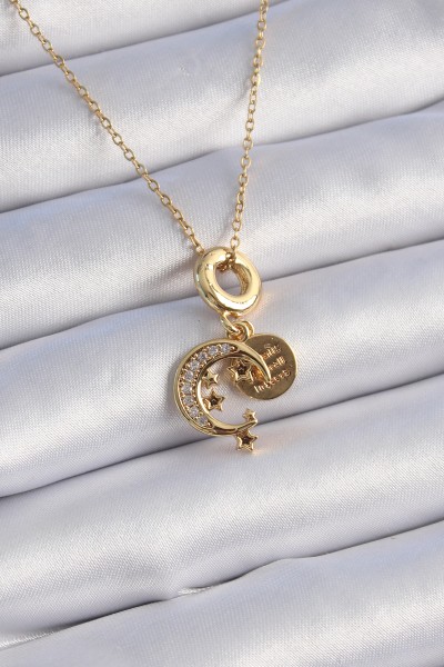 316l çelik Gold Renk Zirkon Taşlı Ay Yıldız  Model Charm Model Kadın Kolye