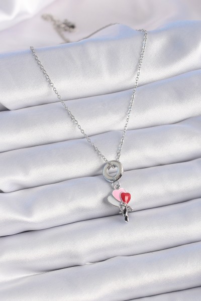 316l çelik Gümüş Renk Renkli Kalp Figür Charm Model Kadın Kolye