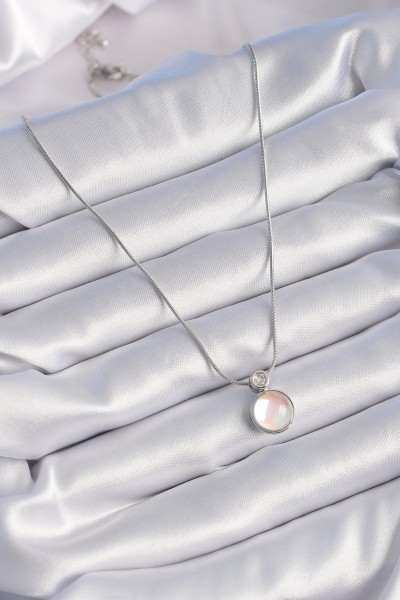 316l çelik Gümüş Renk Beyaz Sedefli Vintage Model Kadın Kolye