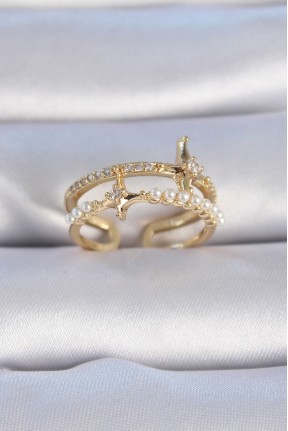 Pirinç Gold Renk Zirkon Taşlı İnci Detay Kutup Yıldızı Model Kadın Yüzük Pirinç Gold Renk Zirkon Taşlı İnci Detay Kutup Yıldızı Model Kadın Yüzük