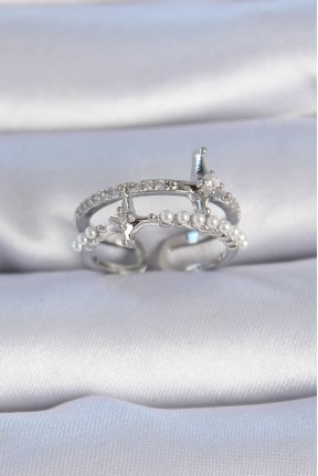 Pirinç Gümüş Renk Zirkon Taşlı İnci Detay Kutup Yıldızı Model Kadın Yüzük Pirinç Gümüş Renk Zirkon Taşlı İnci Detay Kutup Yıldızı Model Kadın Yüzük