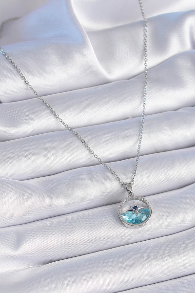 316l çelik Zincir Gümüş Renk Zirkon Taşlı Deniz Görünüm Kutup Yıldızı Kolye