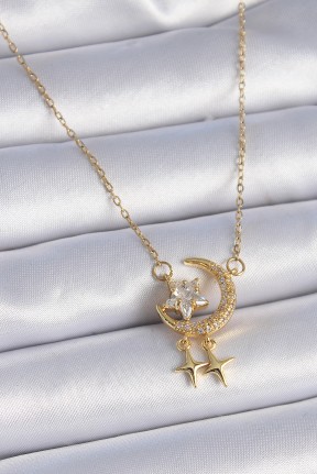 316l çelik Zincir Gold Renk Zirkon Taşlı Hilal Model Yıldız Detay Kadın Kolye 316l çelik Zincir Gold Renk Zirkon Taşlı Hilal Model Yıldız Detay Kadın Kolye
