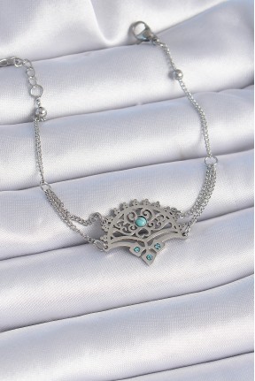 316l çelik Gümüş Renk Mavi Taşlı Etnik Desen Kadın Bileklik