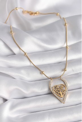 316l çelik Gold Renk Zirkon Taşlı Detaylı Kalp Fidan Model Kadın Kolye