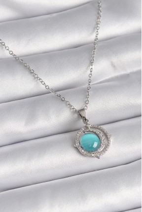 316l çelik Gümüş Renk Mavi Sedefli Hilal Model Kadın Kolye