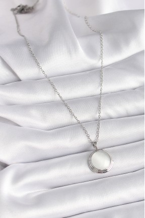 316l çelik Gümüş Renk Beyaz Sedefli Daire Model Kadın Kolye