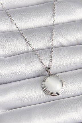 316l çelik Gümüş Renk Beyaz Sedefli Daire Model Kadın Kolye