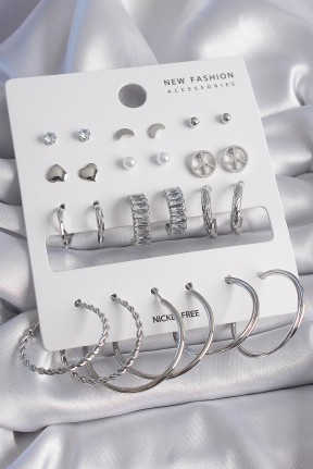 Pirinç Gümüş Renk Zirkon Taşlı 12 çift Kadın Küpe Seti Pirinç Gümüş Renk Zirkon Taşlı 12 çift Kadın Küpe Seti