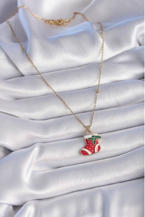 316l çelik Gold Renk Zincir Yılbaşı Temalı Kırmızı Noel çorabı Figür Kadın Kolye