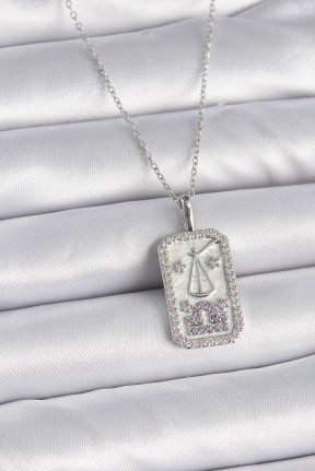 316l çelik Gümüş Renk Terazi Burcu Zirkon Taşlı Kadın Kolye