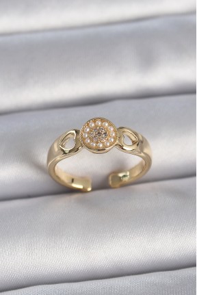 Pirinç Gold Renk Zirkon Taşlı İncili Kalp İşleme Detay Ayarlanabilir Kadın Yüzük