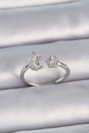 Pirinç Gümüş Renk İncili Hilal Zirkon Taşlı Yıldız Ayarlanabilir Kadın Yüzük Pirinç Gümüş Renk İncili Hilal Zirkon Taşlı Yıldız Ayarlanabilir Kadın Yüzük