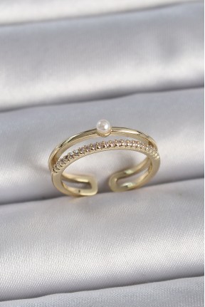 Pirinç Gold Renk Zirkon Taşlı İnci Detay Ayarlanabilir Model Kadın Yüzük