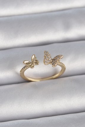 Pirinç Gold Renk Ayarlanabilir Zirkon Taşlı Kelebek Model Kadın Yüzük Pirinç Gold Renk Ayarlanabilir Zirkon Taşlı Kelebek Model Kadın Yüzük