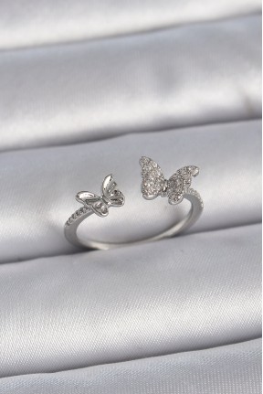 Pirinç Gümüş Renk Ayarlanabilir Zirkon Taşlı Kelebek Model Kadın Yüzük Pirinç Gümüş Renk Ayarlanabilir Zirkon Taşlı Kelebek Model Kadın Yüzük