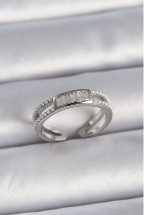 Pirinç Gümüş Renk Ayarlanabilir Sıralı İncili Zirkon Taşlı Kadın Yüzük Pirinç Gümüş Renk Ayarlanabilir Sıralı İncili Zirkon Taşlı Kadın Yüzük