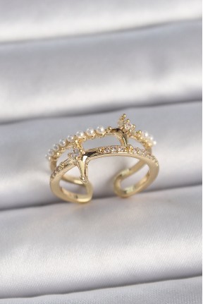 Pirinç Gold Renk Ayarlanabilir Zirkon Taşlı İncili Yıldız Model Kadın Yüzük Pirinç Gold Renk Ayarlanabilir Zirkon Taşlı İncili Yıldız Model Kadın Yüzük