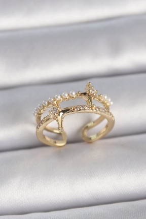 Pirinç Gold Renk Ayarlanabilir Zirkon Taşlı İncili Yıldız Model Kadın Yüzük Pirinç Gold Renk Ayarlanabilir Zirkon Taşlı İncili Yıldız Model Kadın Yüzük