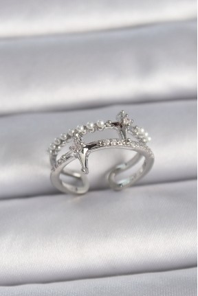 Pirinç Gümüş Renk Ayarlanabilir Zirkon Taşlı Kutup Yıldız İnci Detay Kadın Yüzük Pirinç Gümüş Renk Ayarlanabilir Zirkon Taşlı Kutup Yıldız İnci Detay Kadın Yüzük