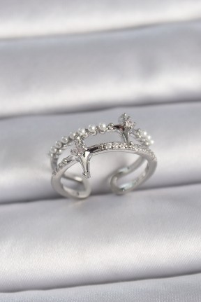 Pirinç Gümüş Renk Ayarlanabilir Zirkon Taşlı Kutup Yıldız İnci Detay Kadın Yüzük Pirinç Gümüş Renk Ayarlanabilir Zirkon Taşlı Kutup Yıldız İnci Detay Kadın Yüzük