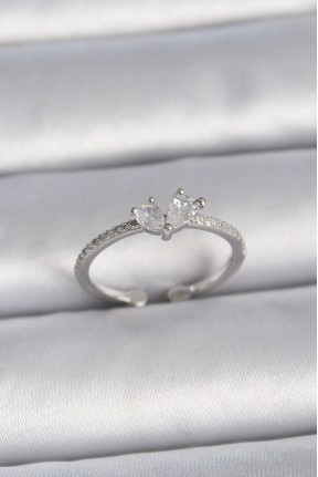 Pirinç Gümüş Renk Ayaralanabilir Zirkon Taşlı Kalp Model Kadın Yüzük Pirinç Gümüş Renk Ayaralanabilir Zirkon Taşlı Kalp Model Kadın Yüzük