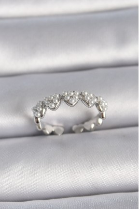 Pirinç Gümüş Renk Ayarlanabilir İncili Kalp Model Kadın Yüzük Pirinç Gümüş Renk Ayarlanabilir İncili Kalp Model Kadın Yüzük