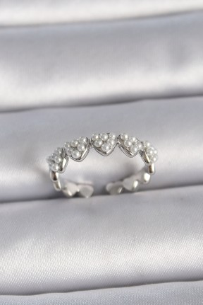 Pirinç Gümüş Renk Ayarlanabilir İncili Kalp Model Kadın Yüzük