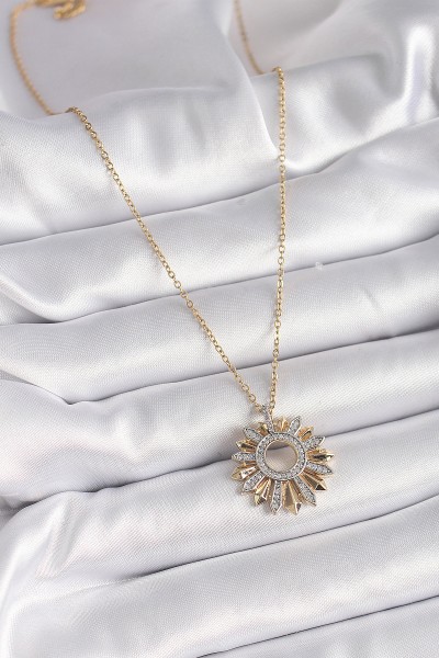 316l çelik Gold Renk Zincir Zirkon Taşlı Mix Renk Güneş Model Kadın Kolye