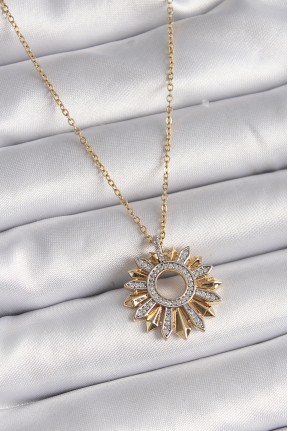 316l çelik Gold Renk Zincir Zirkon Taşlı Mix Renk Güneş Model Kadın Kolye