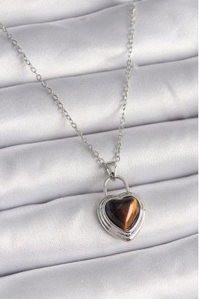 316l çelik Gümüş Renk Zincir Kilit Kalp Kehribar Boncuk Model Kadın Kolye