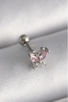 316l çelik Gümüş Renk Pembe Zirkon Taşlı Kelebek Tragus Piercing