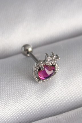 316l çelik Gümüş Renk Pembe Mineli Kalp Zirkon Taş Detaylı Taç Tragus Piercing