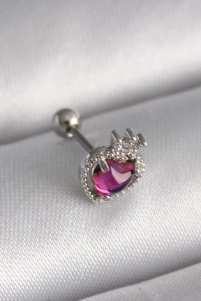 316l çelik Gümüş Renk Pembe Mineli Kalp Zirkon Taş Detaylı Taç Tragus Piercing