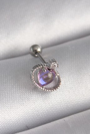 316l çelik Gümüş Renk Mor Mineli Kalp Zirkon Taş Detay Tragus Piercing