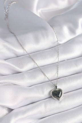 316l çelik Gümüş Renk Yeşil Mineli Kalp Model Kadın Kolye