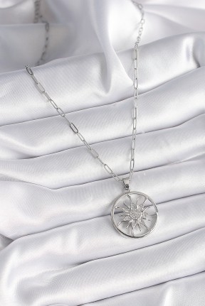 316l çelik Gümüş Renk Zirkon Taşlı Güneş Madalyon Model Kadın Kolye 316l çelik Gümüş Renk Zirkon Taşlı Güneş Madalyon Model Kadın Kolye