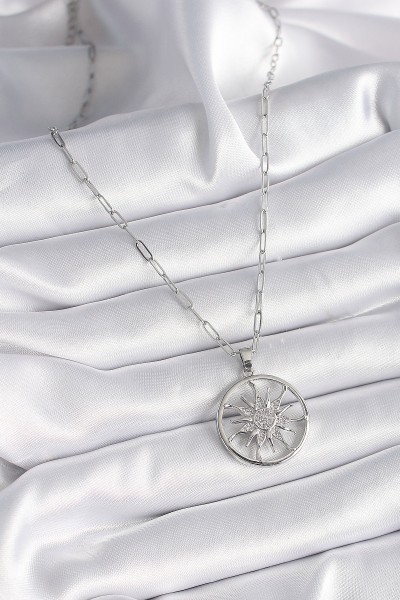 316l çelik Gümüş Renk Zirkon Taşlı Güneş Madalyon Model Kadın Kolye 316l çelik Gümüş Renk Zirkon Taşlı Güneş Madalyon Model Kadın Kolye