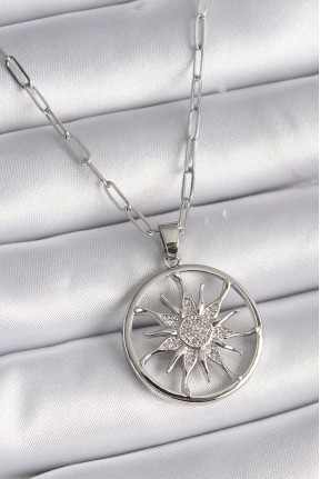 316l çelik Gümüş Renk Zirkon Taşlı Güneş Madalyon Model Kadın Kolye 316l çelik Gümüş Renk Zirkon Taşlı Güneş Madalyon Model Kadın Kolye