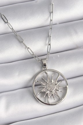 316l çelik Gümüş Renk Zirkon Taşlı Güneş Madalyon Model Kadın Kolye 316l çelik Gümüş Renk Zirkon Taşlı Güneş Madalyon Model Kadın Kolye