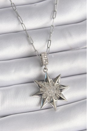 316l çelik Gümüş Renk Zirkon Taşlı Kutup Yıldızı Model Kadın Kolye