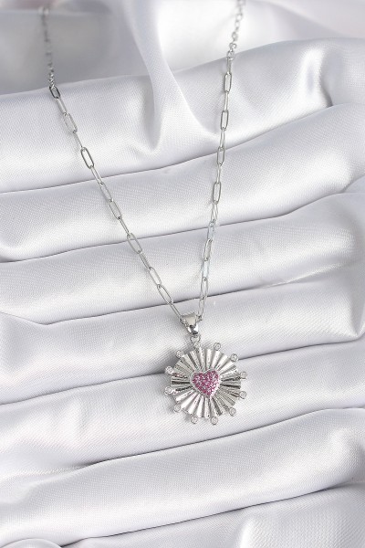 316l çelik Gümüş Renk Pembe Zirkon Taşlı Kalp İşleme Madalyon Model Kadın Kolye 316l çelik Gümüş Renk Pembe Zirkon Taşlı Kalp İşleme Madalyon Model Kadın Kolye