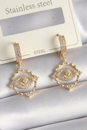 Pirinç Gold Renk Zirkon Taşlı Göz Model Kadın Küpe Pirinç Gold Renk Zirkon Taşlı Göz Model Kadın Küpe