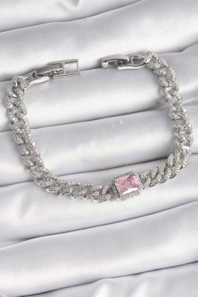 Pirinç Gümüş Renk Pembe Kare Zirkon Taşlı Vip Seri Kadın Bileklik Pirinç Gümüş Renk Pembe Kare Zirkon Taşlı Vip Seri Kadın Bileklik