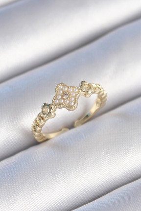 Pirinç Gold Renk İncili Yonca Model Zirkon Taş Detay Kadın Yüzük Pirinç Gold Renk İncili Yonca Model Zirkon Taş Detay Kadın Yüzük