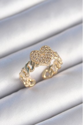 Pirinç Gold Renk Zincir Kordon Zirkon Taşlı Kalp Model Kadın Yüzük Pirinç Gold Renk Zincir Kordon Zirkon Taşlı Kalp Model Kadın Yüzük