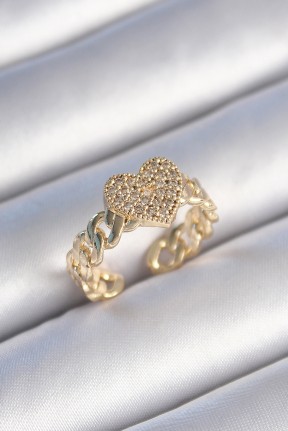 Pirinç Gold Renk Zincir Kordon Zirkon Taşlı Kalp Model Kadın Yüzük Pirinç Gold Renk Zincir Kordon Zirkon Taşlı Kalp Model Kadın Yüzük