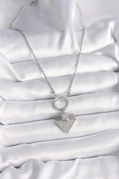 316l çelik Gümüş Renk Topçuk Zincir Zirkon Taşlı üçgen Model Kadın Kolye